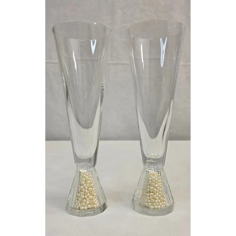 Pair of Faux Pearl Filled Base Champagne Flutes Wedding Toasting Glasses